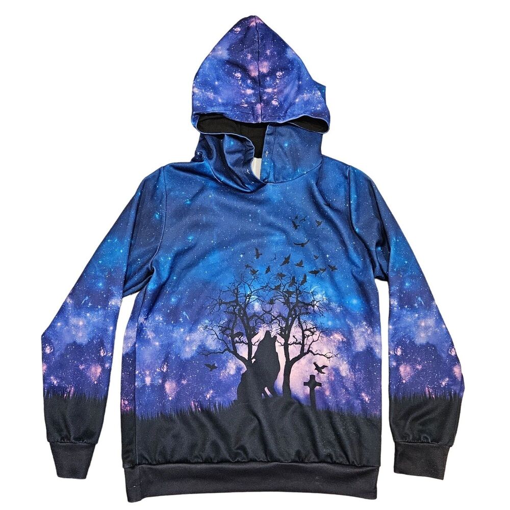 Wolf Baying at Moon in Graveyard Long Sleeve Men's Hoodie Size Large Multi-Color